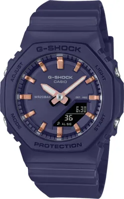 A studio shot of a purple G-Shock watch with rose gold accents.