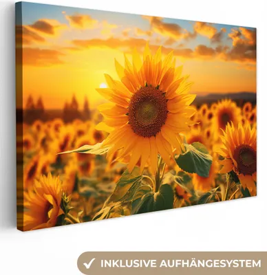 Produktbild von MuchoWow® - Leinwandbilder - Sonnenblume - Blumen - Gelb - Blumenfeld mit Sonnenblumen, Wandbild, Wanddeko Bilder Wohnzimmer, 120x80cm