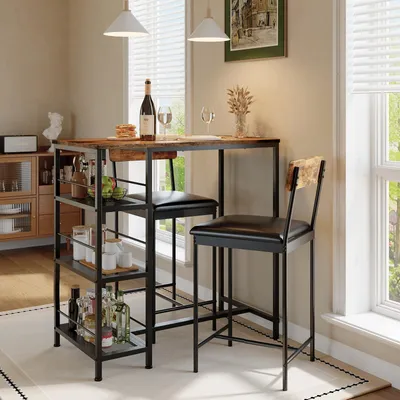 Produktbild von Essgruppe Esstisch Set 3-teilig Bartisch, 91,4x50x94,5 cm, mit 2 Hockern, Metallgestell&Weinregal