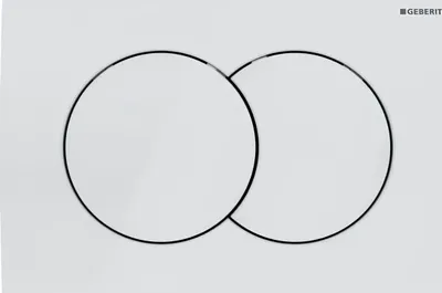 A white flush plate with two circular buttons, one overlapping the other, and a brand logo in the top right corner.