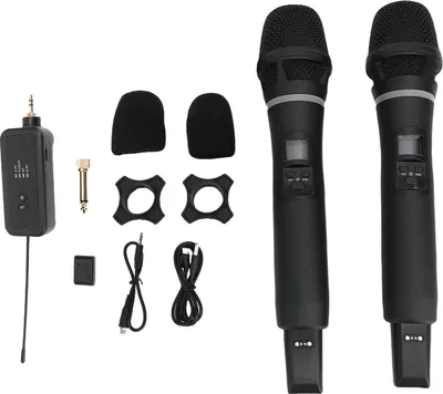Immagine prodotto di Set microfonico wireless a 2 pezzi, set microfonico wireless professionale ricaricabile con ricevitore per canto, karaoke, matrimoni, feste,