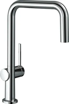 A studio shot of a kitchen faucet against a white background.