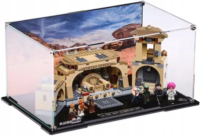 Productafbeelding van Zwarte vitrine met bedrukte achterwand voor LEGO® Star Wars 75326 – Boba Fetts troonzaal