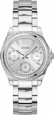 A silver Guess watch with a white dial and crystal accents on a white background.
