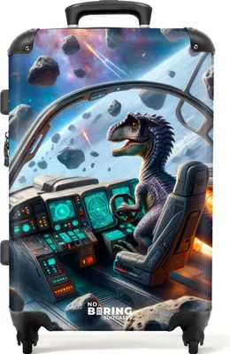 Obrázek produktu pro NoBoringSuitcases.com Dětský kufr Medium 67x43x25 cm, 72L, Cool Prints pro chlapce: Modrý - Dinosaurus ve vesmíru, cestovní kufr na 4 kolečkách