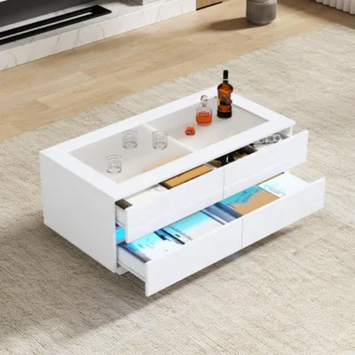 Produktbild von Couchtisch, Kaffeetisch mit 4 Schubladen, LED-Beleuchtung, Glasplatte,Wohnzimmertisch 100x50x40cm