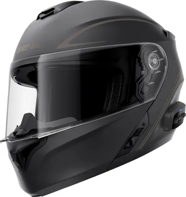A black Sena OutRush R modular motorcycle helmet with a clear visor and brown accents.