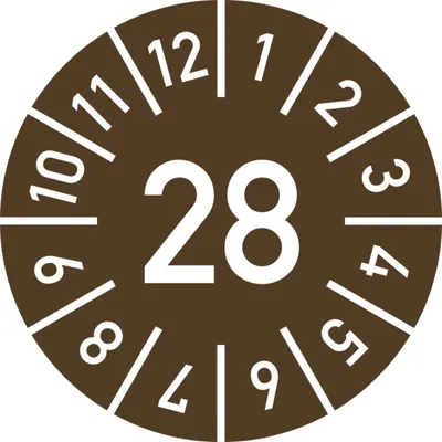 Produktbild von Dreifke® Prüfplakette Jahr 28 mit Monaten, braun, Folie-Spezialkl., Ø 10 mm, ...
