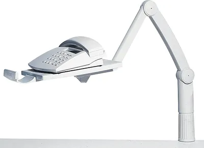 A white telephone holder arm with a white telephone on it, against a white background.