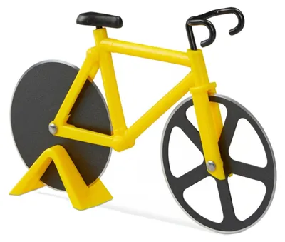 Immagine prodotto di Tagliapizza a forma di bicicletta Relaxdays, divertente tagliapizza a rotella con lame in acciaio inossidabile, taglierina per pizza e impasti, giallo