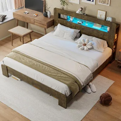Obrázok produktu pre Postel z dreva s rozmermi 180x200 cm, s úložným priestorom v čelnej časti, LED osvetlením a integrovanými zásuvkami, platformová posteľ vo vintage štýle