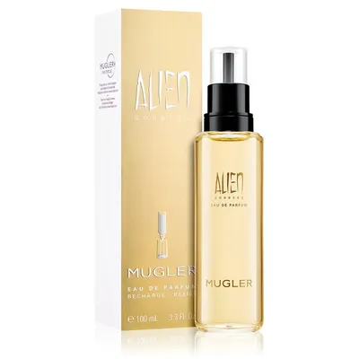 A perfume bottle and its packaging are displayed against a white background.