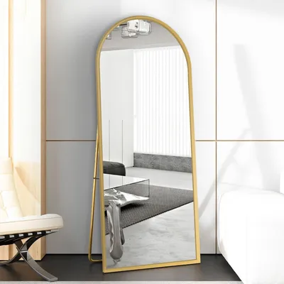 Immagine prodotto di Specchio a figura intera, specchio ad arco, 180x80 cm, finitura oro, lega di alluminio, vetro temperato, da appoggio o da parete