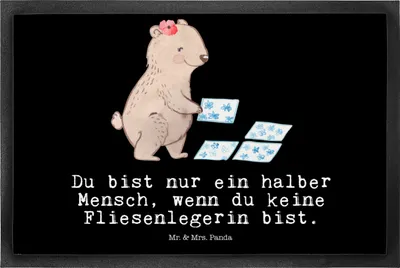 Produktbild von Mr. & Mrs. Panda Bodenvorleger Fliesenlegerin Herz 50 x 75 cm - Schwarz - Geschenk, Türvorleger, Spruch, Schmutzfänger, Witzig, fußmatte, Schmutzfangmatte, Schmutzmatte