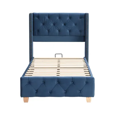 Produktbild von MODFU Polsterbett 90×200cm Jugendbett mit Lattenrost und Kopfteil, Einzelbett Bettgestell mit Holzbeine, Samt, Blau(Ohne Matratze)