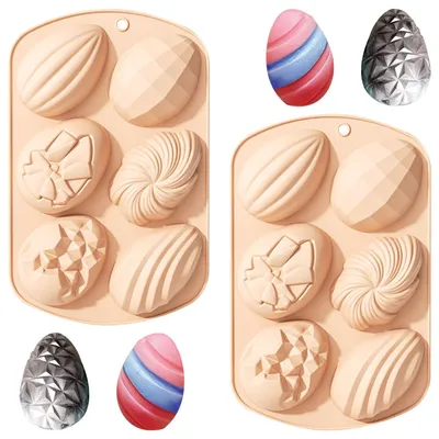 Immagine prodotto di 2 stampi in silicone per uova di Pasqua, con 6 cavità, ideali per cioccolato, caramelle e decorazioni pasquali