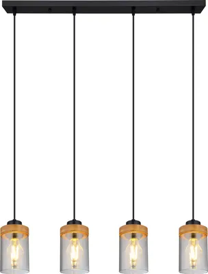 A linear pendant light fixture with four glass shades and wooden accents, suspended from a black rectangular base.