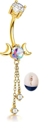 Zdjęcie produktu dla Piercing do pępka "Podwójny księżyc", 14G/10mm, wykonany ze srebra i złota, ozdobiony kryształami Cubic Zirconia, przeznaczony do umieszczenia w pępku