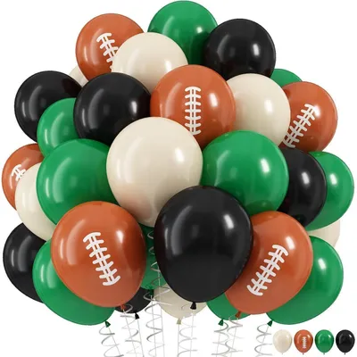 Productafbeelding van Voetbalvormige ballonnen, 30,5 cm, 35 stuks, donkergroen, zwart, wit, oranje, bedrukking, latex, voor kinderen, jongens, verjaardag, feest, decoratie