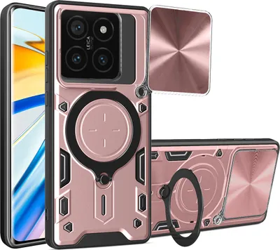 Produktbild von Handyhülle für Xiaomi 14T Pro Dual-Layer Stoßfest Rüstung Hülle mit Dia Kameraschutz und Kreisförmig Ring Ständer Roségold