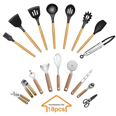 Produktbild von 18-teiliges Küchenhelfer Set , Edelstahl & Holzgriff, Schneidebrett, Kochlöffel, Sparschäler, Küchenschere, Gewürzgläser, All-in-One
