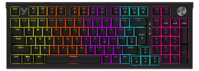 A top-down view of a black mechanical keyboard with RGB backlighting.