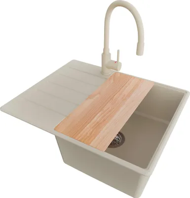 Produktbild von PRIMAGRAN Granitspüle Beige 62x50cm, Spülbecken 1 Becken + Küchenarmatur 38x14cm + Ablauf-Set + Schneidebrett, Küchenspüle ab 45er Unterschrank - Kopenhagen