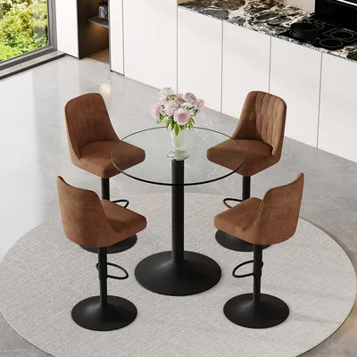 Produktbild von 5-teiliges Bar-Set Bartisch 89cm Sicherheitsglas schwarz Metall 4 Barhocker braun Stoff 360° höhenverstellbar modern skandinavisch Braun