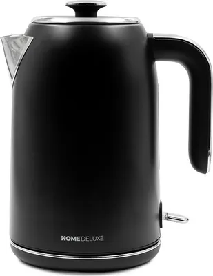 A black electric kettle with silver accents is shown against a white background.