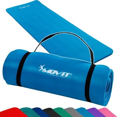 A blue yoga mat is shown rolled up and unrolled, with a strap attached.
