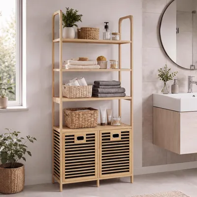 Produktbild von Bambus-Badezimmerschrank MCW-N83, Regal Badschrank, 2 Wäschekörbe 4 Regalböden MVG 168x81x33cm  natur, Korb anthrazit