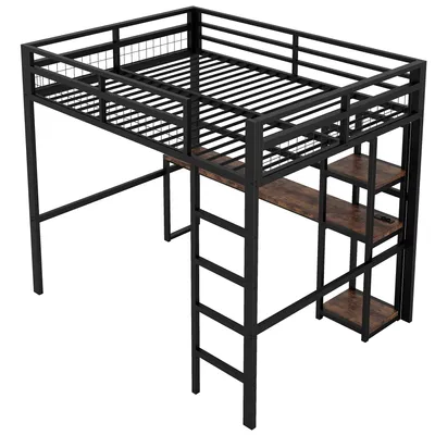 Produktbild von Hochbett mit Schreibtisch, Mehrfachsteckdose, Regal und Rausfallschutz (140x200 cm) Metallbett, Jugendbett