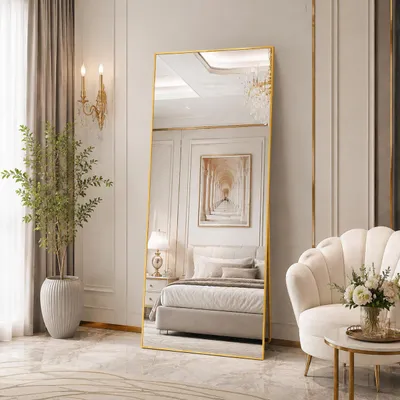 Immagine prodotto di Specchio a figura intera ad alta definizione INONEFT, 180 x 80 cm, specchio quadrato per il trucco con cornice in lega di alluminio e supporto in metallo, color oro, Immagine generata dall'IA