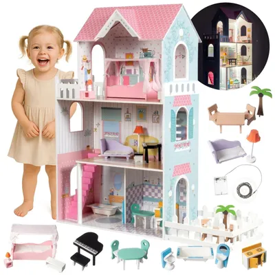 Image de Maison de poupées en bois XXL - Maison de poupées avec meubles - 3 étages - Éclairage LED - Terrasse et jardin - Hauteur 123 cm - Pour filles à partir de 14 ans - Multicolore