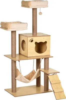 Produktbild von PawHut Kratzbaum für Katzen, Höhe 130 cm, Katzenturm mit Kratzbäumen aus Jute, 2 Betten, Hängematte, Höhle, Hängeball und Rampe, 60 x 40 x 130 cm, Natur