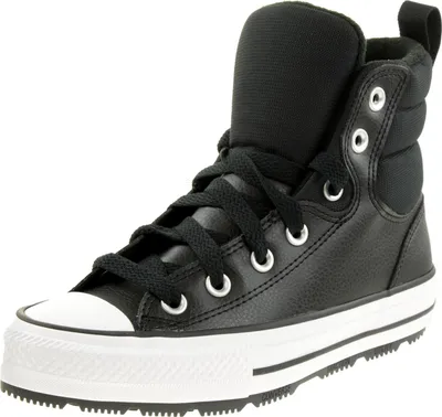 A studio shot of a black high-top sneaker.