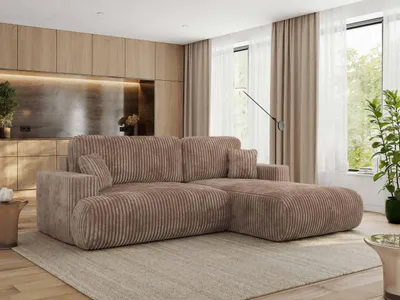 Produktbild von MKS MEBLE Ecksofa OVO mit Schlaffunktion und Bettkasten, Braun Cord, L-form Couch, 4-Sitzer Ecksofa, 271x195x95 cm - Rechts Seite