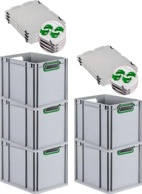 Produktbild von SparSet 5x Eurobox NextGen Color mit Auflagedeckel und Schiebeschnappverschlüsse | HxBxT 32x30x40cm | 30 Liter | Grau | Griffe grün offen | Glatter Boden | Eurobehälter, Transportbox, Transportbehälter, Stapelbehälter