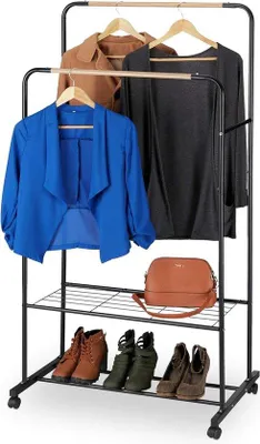 Produktbild von Famanu Kleiderständer Metall 2 Kleiderstangen verstellbar - Schwarz-Holzlook