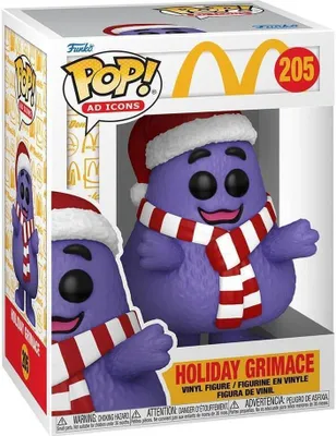 A Funko Pop! vinyl figure of Grimace from McDonald's, dressed in a Santa hat and scarf, displayed in its original packaging.