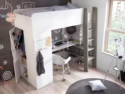 Obrázok produktu pre Detská poschodová posteľ so skriňou a písacím stolom 90x200 AMSTER - biela