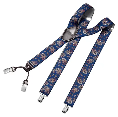 Produktbild von DonDon Herren Hosenträger 3,5 cm breit 4 Clips mit braunem Leder in Y-Form elastisch und längenverstellbar - Paisley blau
