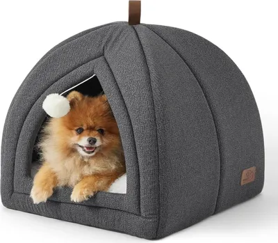 Image de Grande niche haute pour chats - 44 x 44 x 44 cm Intérieur de la niche pour chats avec coussin sherpa amovible et jouets suspendus Panier lavable Gris foncé