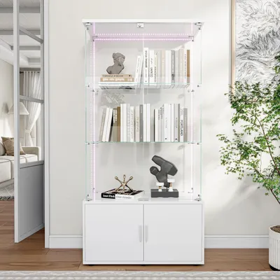 Produktbild von LED-Glasvitrine - Vitrinenschrank - Maße 78,5×35×164 cm - 3 Einlegeböden - Doppeltüren - LED-Lichtleiste - Weiß
