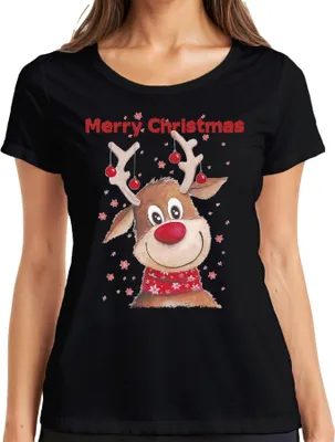 Produktbild von Merry Christmas süßes Rentier - Weihnachten Weihnachtsgeschenk Christmas Damen T-Shirt, Schwarz, 3XL