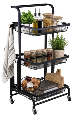 Obrázek produktu pro Kuchyňský vozík Relaxdays, 3 košíky, výškově nastavitelný, V x Š x H: 94,5 x 44 x 30 cm, kov, kuchyně, pomocný vozík, černý