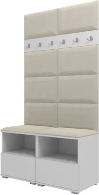 A white and cream upholstered hall tree with storage.