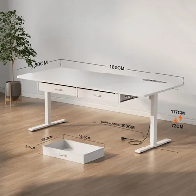 Image de Bureau réglable en hauteur électrique - Bureau assis-debout de 180x80 cm - Grand et stable - Avec prise de courant et tiroir - Blanc
