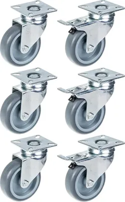 Produktbild von 75 mm 3"-Rollen mit grauem Gummireifen, Drehgelenk und Bremse, 360 kg Tragfähigkeit, 6er-Set