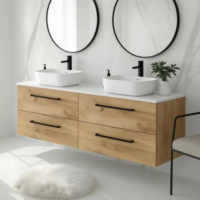 Produktbild von Waschbeckenunterschrank ONE Badezimmer 4 große Schubladen Badmöbel Eiche Craft 120x50x46 mit schwarze Griffe Badezimmermöbel